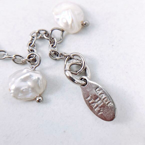 VTG Signed Furla Italy Earthy Pendant Necklace Chunky Silver Tone Chain, Pearls - Picture 7 of 10